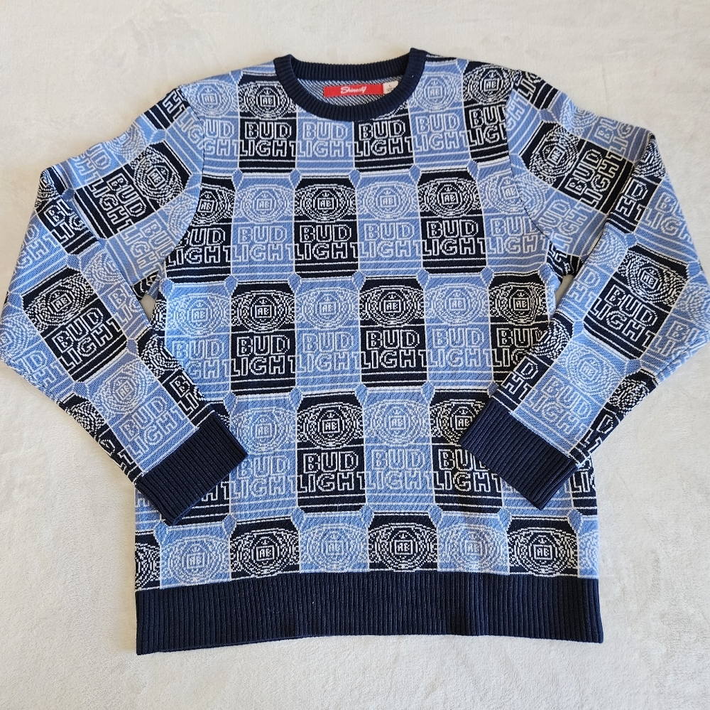 Shinesty Bud Light Beer Sweater Sweatshirt Blue Holiday Large Mens